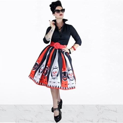 Women Vintage Halloween Skirt Retro Poker Face Skull Plus Size Skirt High Waist Pleated Ball Gown Long Skirts