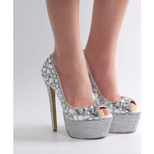 T Stage Catwalk Nightclub Fashion Single Shoes Women Silver Diamond Fish Mouth Super High Heel Platform Sexy Pumps Sandalias
