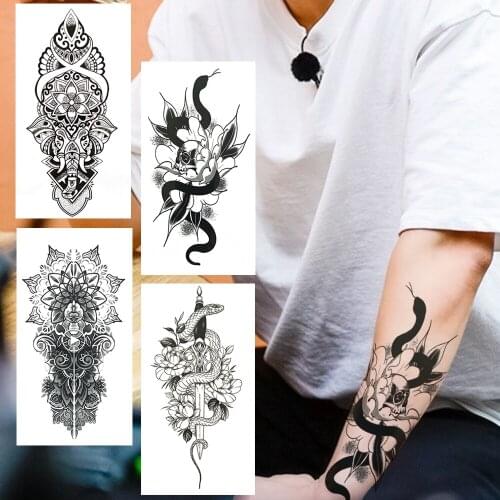 Snake Flower Temporary Tattoo For Men Women India Lace Elephant Fake Tattoos Sticker Black Henna Mehndi Waterproof Tatoos Hands