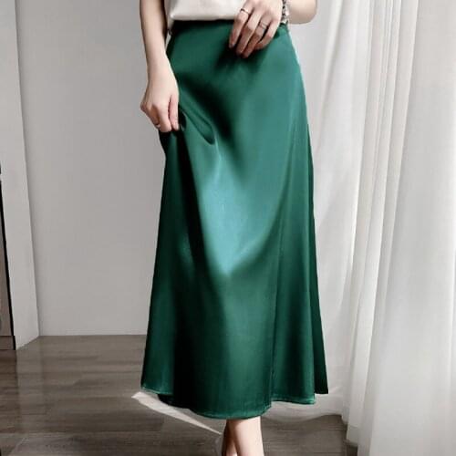 2021 NEW Womens Long Satin Skirt Midi Elegant High Waist Green Autumn Office A-line Solid Vintage Silk Purple Skirt for Women