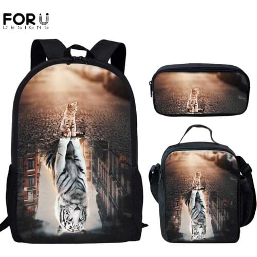 FORUDESIGNS 3D Cat and Tiger Cool Design Children School Bags for Kids Bookbag Teenagers Backpack Lunch Bags Pencil Case Mochila