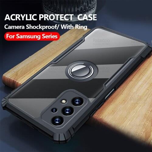 Acrylic Back Clear Case For Samsung Galaxy S21 Ultra 5G S 21 Plus S20 FE Note 20 10 S10 Lite Camera Protection Ring Holder Cover