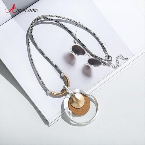 Amorcome Europe Design Sweater Chains Long Necklace 2021 New Irregualr Geometric Round Pendant Snake Skin Leather Rope Collar