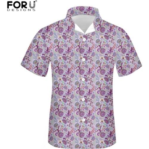FORUDESIGNS Floral Bohemian Men Summer T-Shirt Fashion Design Loose Breathable Button Top Boys Holiday Casual Short Shirt