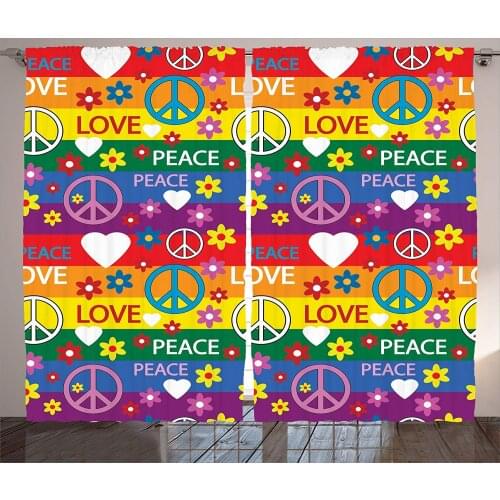 Groovy Decorations Curtains Heart Peace Symbol Flower Power Political Hippie Cheerful Colors Festival Joyful Window Decor