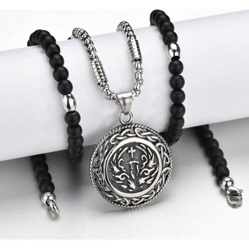Christian Jewelry Stainless Steel Triquetra Viking Triple Horn Of Odin Celtic Cross Pendant Necklace Black Beads Chain Necklace