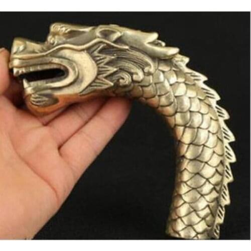 Copper Brass Grandpa Good Lucky Chinese Old Handmade Carved Dragon Statue Cane Walking Stick Head Decorati