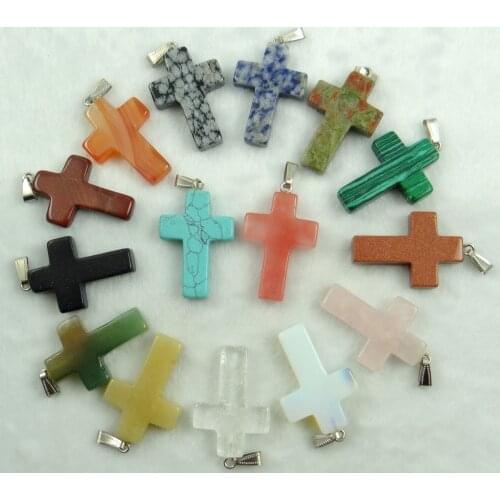 Natural stone Quartz Crystal tiger eye Opal lapis Turquoises Cross pendants for diy Jewelry making Necklaces Accessories6pcs