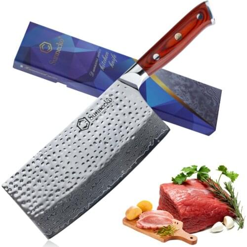 SUNNECKO 7'' Cleaver Knife Damascus Japanese VG10 Steel Hammer Blade Kitchen Knives Color wood Handle Sharp Meat Cutter Tools