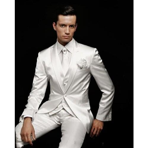 Custom Ivory White Satin Mens Suits 3Pieces Tuxedos For Party Prom Italian Stylish Wedding Mens Suits (Jacket+Pants+Vest+Tie)