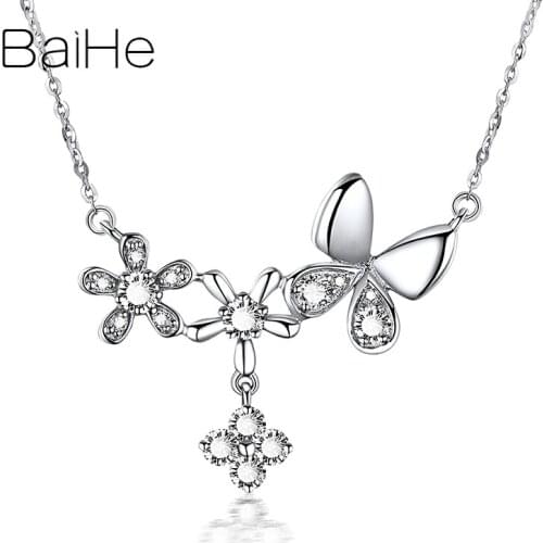 BAIHE Solid 18K White Gold 0.47ct Round Natural Diamond Fine Jewelry Engagement Beautiful flower butterfly diamond Necklaces