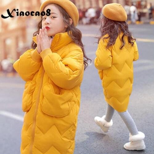Kids Down Cotton Winter Parka Girls Long Solid Pockets Overcoat Toddler Teenage Girl Snowsuit Fashion Children Ouerwear Overcoat