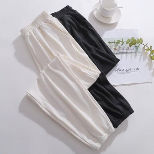 Casual White Ice Silk Pants Women 2021 New Spring Summer New Elastic Waist Solid Basic Retro Loose Womens Harem Pants Trousers