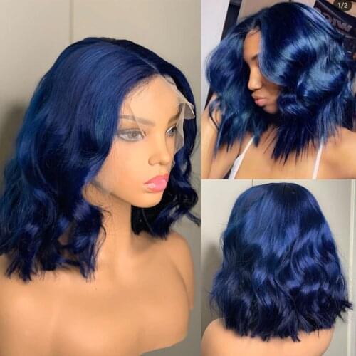 Middle Part Navy Blue Short Bob Body Wave Lace Front Wig For Women Human Remy Babyhair Preplucked Brazilian Can Dye Straight