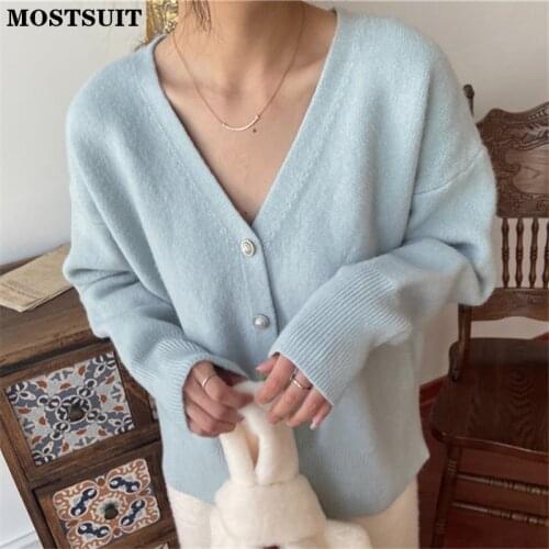 Elegant Soft Warm Solid Knitted Sweaters For Women V-neck Single-breasted Loose Female Cardigans Tops 2021 Autumn Jumpers