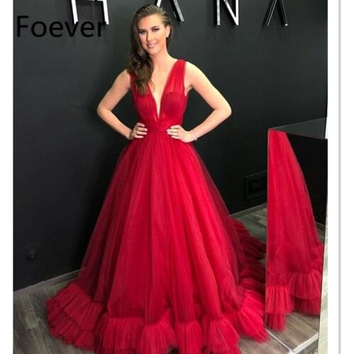 Vestidos Elegantes Red Tulle Evening Dress Long 2019 Sexy V-Neck Tiered Ruffles Formal Evening Party Gowns Robe De Soiree
