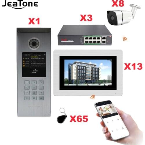 Jeatone 7'' Tuya WIFI IP Video Intercom for Large Building +POE Switch 1to13 Access Control System Support Password/Cards Unlock