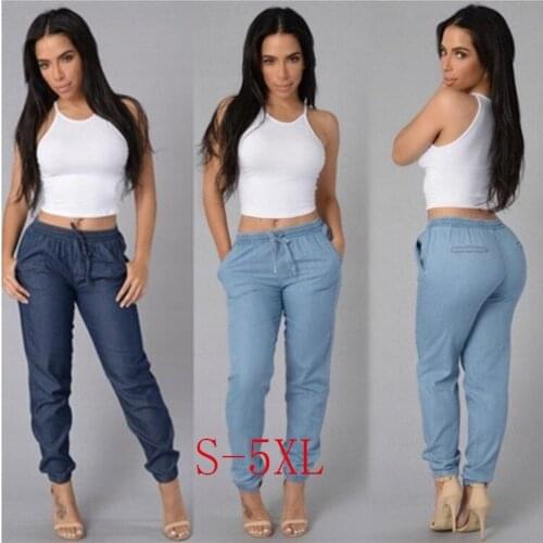 FNOCE 2020 new women;s jeans pants fashion trends casual streetwear solid Elastic Waist loose denim Ankle-Length pencil Pants