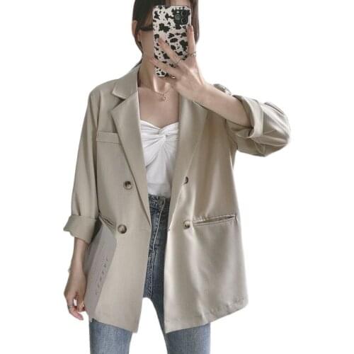 Light Khaki Suit Jacket Womens 2021 Spring Summer New Double Breasted Style Korean Chic Loose Tops Office Suit Outwear Female
