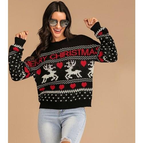 Women Elf Christmas Sweater Printed Simple Casual O-neck Long Sleeve Loose Pullovers Tops For Holiday Vintage Knitted Clothes