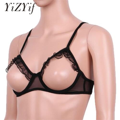 Womens Sexy Ruffles Open Cups Bra Tops Erotic See Through Sheer Mesh Lingerie Bare Breast Underwired Bra Top Nigthwear Sleepwear