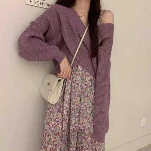 French Vintage 2 Pieces Outfits Purple Knitted Sweater+spaghetti Strap Floral Dress Autumn Winter Cropped Pullover Sweater Women