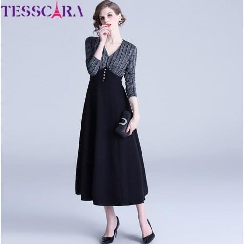 TESSCARA Women Autumn Winter Long Elegant Dress Female High Quality Retro Robe Empire Waist Designer Vintage Ladies Vestidos