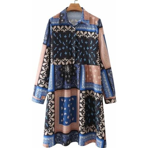 YENKYE Vintage Patchwork Ethnic Style Women Dress Lapel Collar Long Sleeve Loose Casual Dress Female Knee Length Vestido