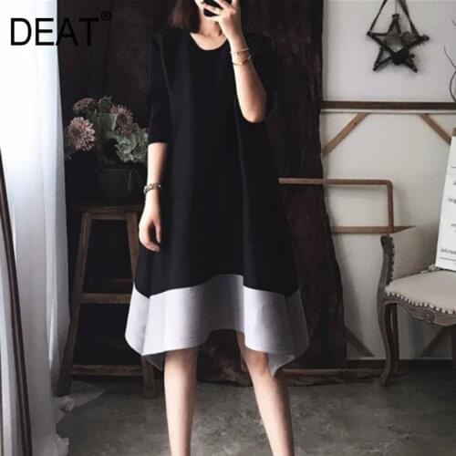 DEAT Pleated Woman Dress Undefined Seven Sleeve Turtleneck Hit Color Dresses Elegant Streetwear 2021 New Summer Fashion SA568