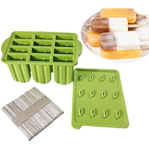 12 Holes Silicone Popsicle Mold With 50pcs Wood Stickers Popsicle Sticks Form For Ice Cube Tray Cream Mold Home Ice Cube Maker