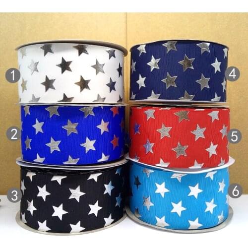 Free shipping 50 yard 75 mm foil star printed grosgrain ribbon