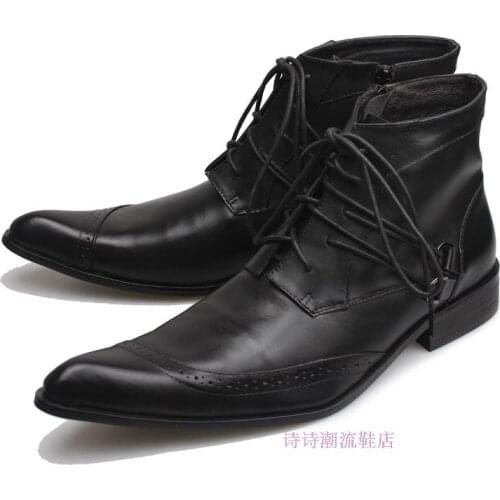 Botas Militares Lace Up Black Genuine Leather Short Men Boots Sapatos Army Work Chelsea Pointed Toe Winter Shoes Men Safty
