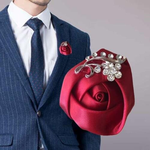 6piece/lot Burgundy Artificial Flower Ribbon Fake Rose Groom Groomsmen Boutonniere Wedding Rhinestone Corsages For Women X1107-2