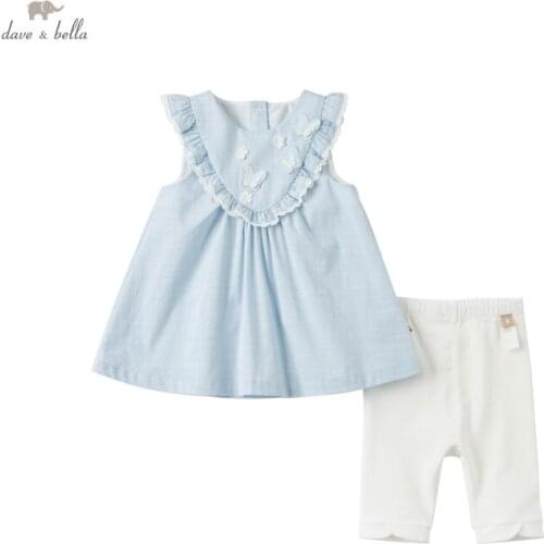 DB17356 dave bella summer baby girls cute cartoon appliques clothing sets kids fashion sleeveless sets children 2 pcs suit