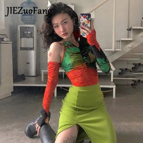 JIEZuoFang Fashion Sheer Lace Short T-shirt Shirt Vintage Independent Sleeve Ladies Gauze Gothic Punk Style T-shirts