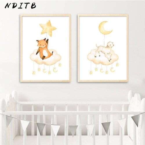 Sheep Fox Landing Cartoon Animal Child Poster Nursery Wall Art Canvas Print Painting Nordic Kid Baby Bedroom Decoration Picture