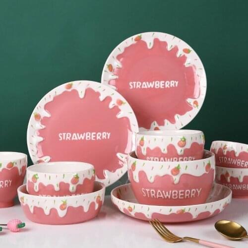 Ceramic Cute Pink Strawberry Steamed Egg Soup Bowl with Lid Creative Steak Plate Dinner Dish Salad Dessert Bowl Home Tableware