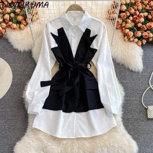 Nomikuma Korean Fake Two Pieces Patchwork Blouse Dresses Women Long Sleeve Turn-down Collar Dress 2021 Autumn New Vestido 6L800