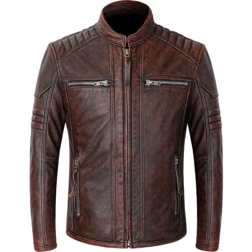 Genuine Mens Heavy Motorcycle Jackets Retro Vintage Stand Collar Cowhide Biker Leather Coat For Man