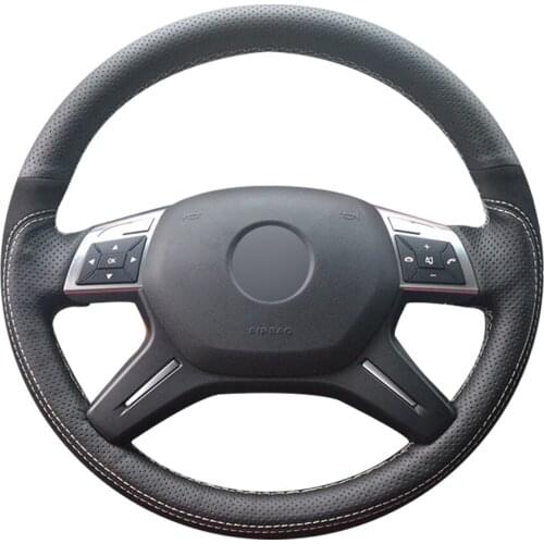 Hand-stitched Black Genuine Leather Suede Custom Car Steering Wheel Cover for Mercedes-Benz GL350 ML350
