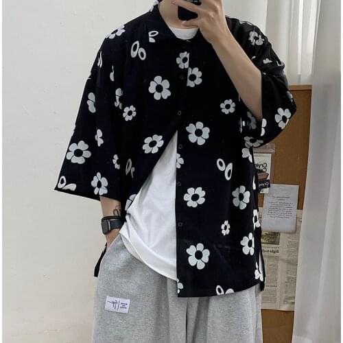 Men Spring Printed 2021 Floral Shirt Mens Street-Style Harajuku Causal Shirts Flower Male Long Sleeve Plus Size Fashion Clothing