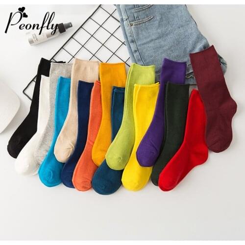 PEONFLY Harajuku Autumn Solid Color Women Socks Candy Cotton Ladies Ankle Students Casual Colorful Yellow Green Red Funny Socks