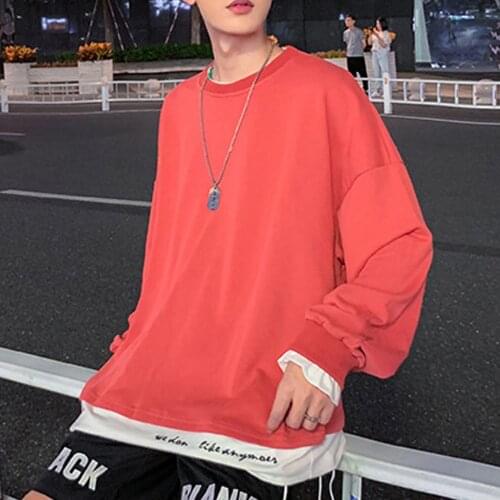 2023 spring and autumn new Hong Kong style round neck sweater mens loose Japanese fake two-piece pullover jacket tide brand top
