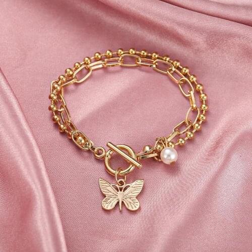 Punk Gold Multi-layer Butterfly Lock Heart Chain Bracelets Set Retro Geometric Snake Pendant Charm Bracelet 2021 Trend Jewelry