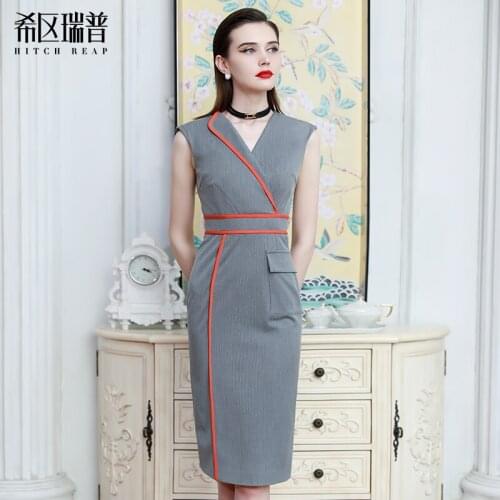 Dark v Dress Summer New European And American Retro Grey Waist Sleeveless Medium Length Skirt