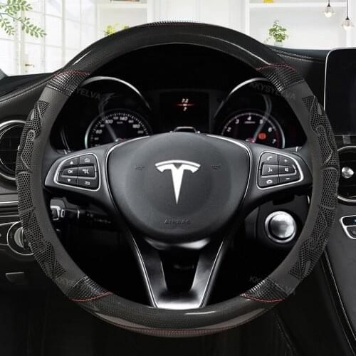 Luxury Leather+Carbon Fiber 38CM For Tesla Model 3 Model Y Model X Model S Car Steering Wheel Cover Interior Accessories