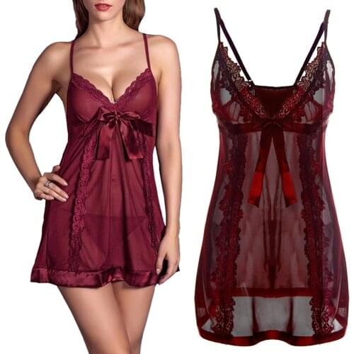 Sexy Women See-through Lace Embroidered Sling Dress Sleepwear Nightdress + Thong