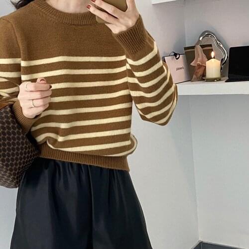 HXJJP Korean Retro Pullover Striped Knitted Sweater Womens 2021 Autumn Winter Long Sleeve Loose Sweater Coat