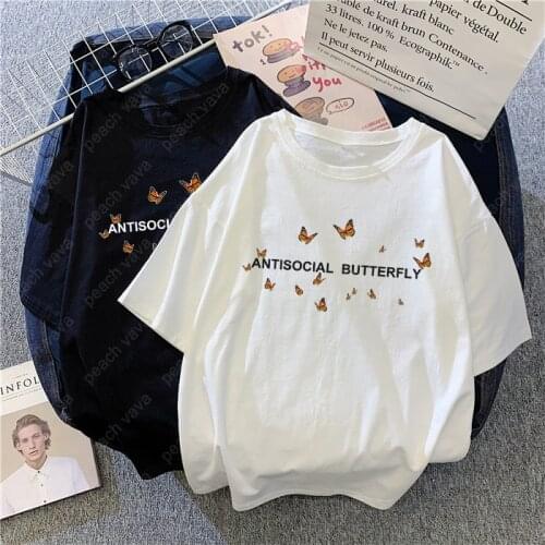 Harajuku Antisocial Butterfly fun Top Women vintage Graphic Summer Ladies loose cute casual chic Aesthetic Clothes women T-shirt