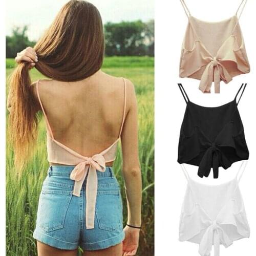 Women Summer Camis Sleeveless Solid Backless Bowknot Crop Tops Female Short Mini Shirt Vest